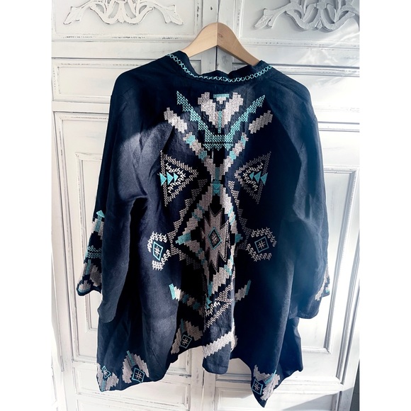 NWOT Johnny Was Linen Embroidered Aztec Kimono Black, Tan & Aqua - Picture 5 of 15